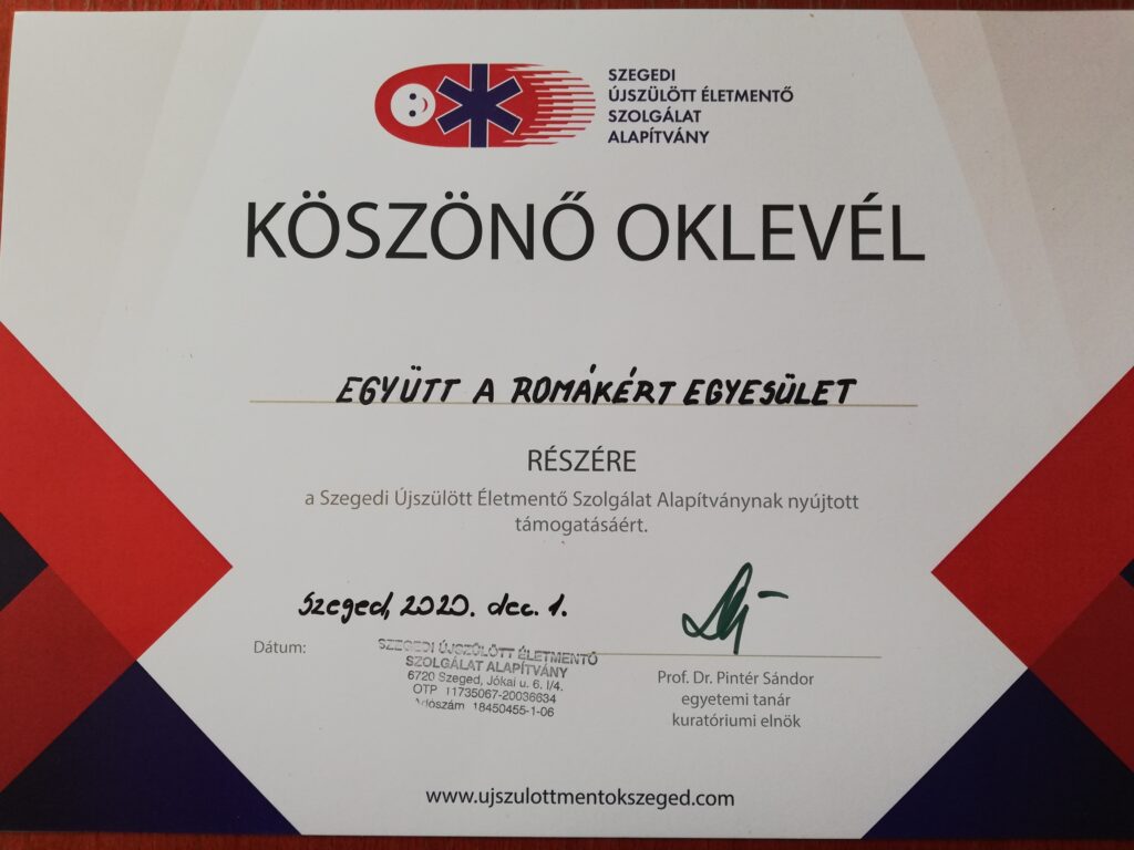 Köszönet az Együtt a Romákért Egyesületnek